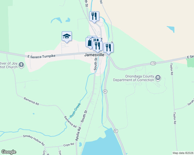 map of restaurants, bars, coffee shops, grocery stores, and more near 4476 Apulia Road in Jamesville