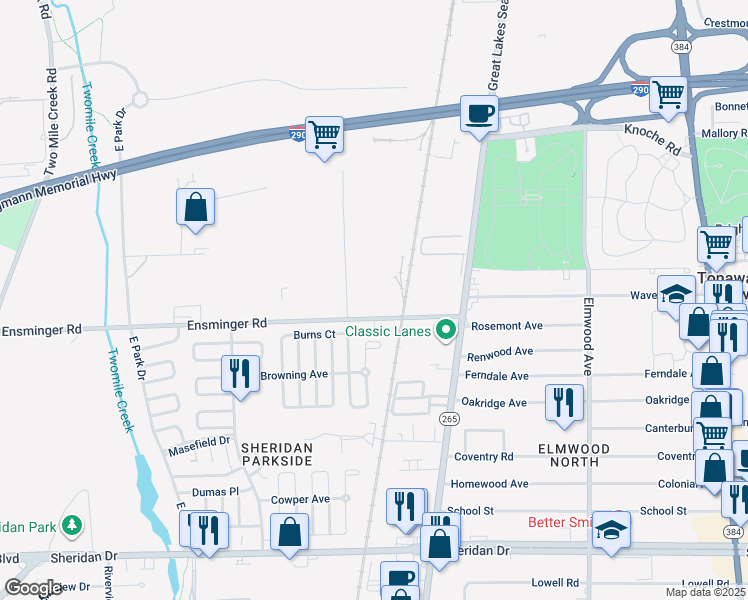 map of restaurants, bars, coffee shops, grocery stores, and more near 111 Ensminger Road in Tonawanda