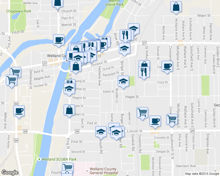 map of restaurants, bars, coffee shops, grocery stores, and more near 33 Garner Avenue in Welland