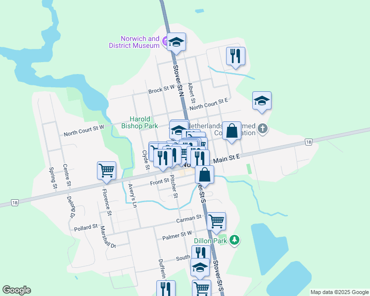 map of restaurants, bars, coffee shops, grocery stores, and more near 19 Stover Street North in Norwich