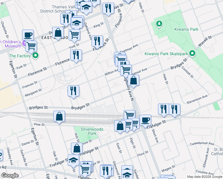 map of restaurants, bars, coffee shops, grocery stores, and more near 1266 Brydges Street in London