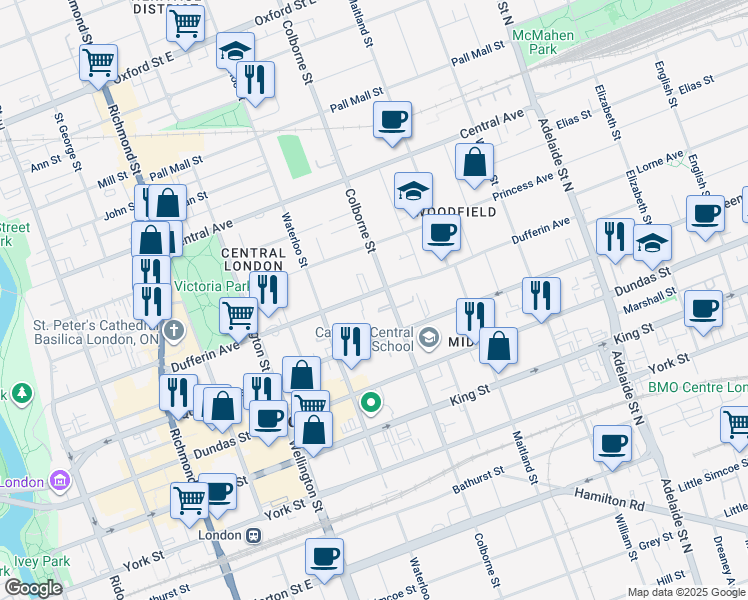 map of restaurants, bars, coffee shops, grocery stores, and more near 473 Colborne Street in London