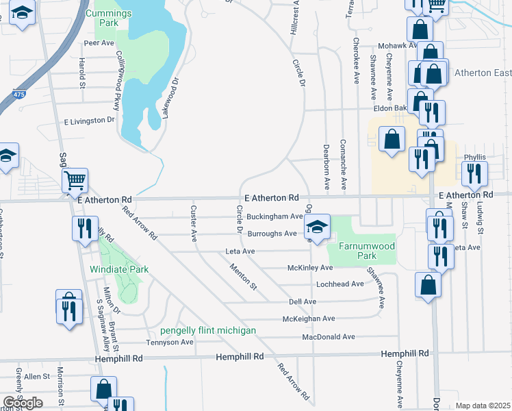map of restaurants, bars, coffee shops, grocery stores, and more near 533 Buckingham Avenue in Flint