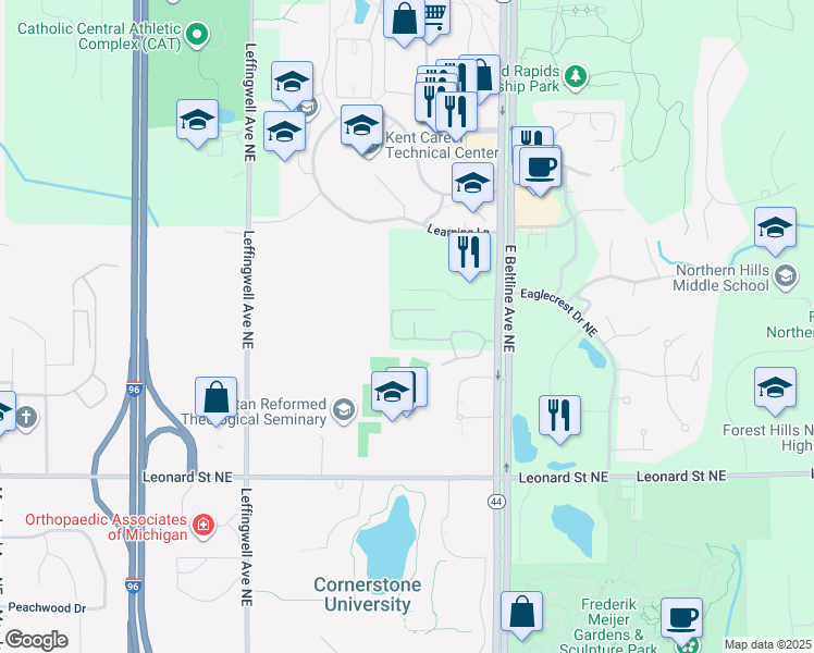 map of restaurants, bars, coffee shops, grocery stores, and more near 3017 Windcrest Way Northeast in Grand Rapids