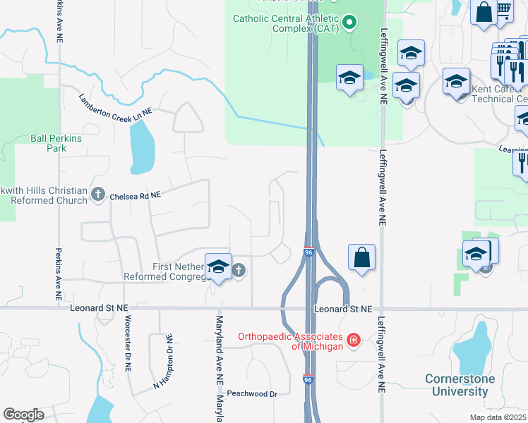 map of restaurants, bars, coffee shops, grocery stores, and more near 1421 Beckwith Avenue Northeast in Grand Rapids