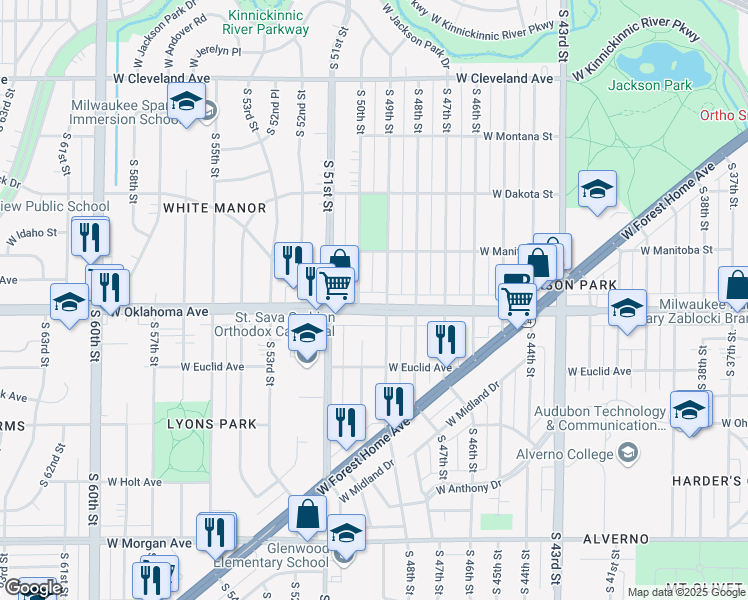 map of restaurants, bars, coffee shops, grocery stores, and more near 4930 West Oklahoma Avenue in Milwaukee