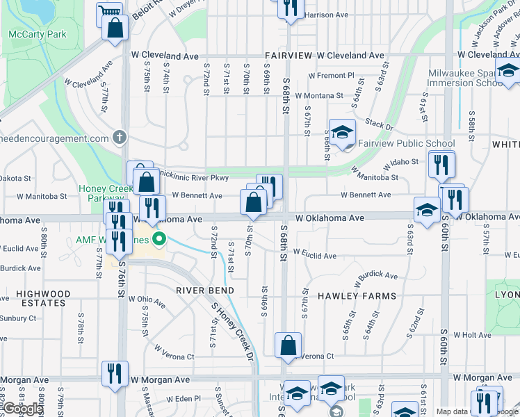 map of restaurants, bars, coffee shops, grocery stores, and more near 6836 West Oklahoma Avenue in Milwaukee