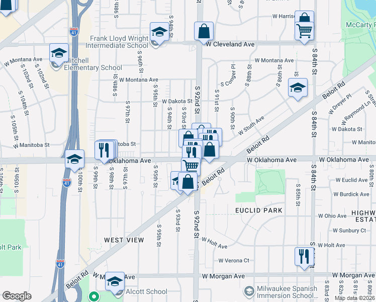 map of restaurants, bars, coffee shops, grocery stores, and more near 9306 West Oklahoma Avenue in West Allis