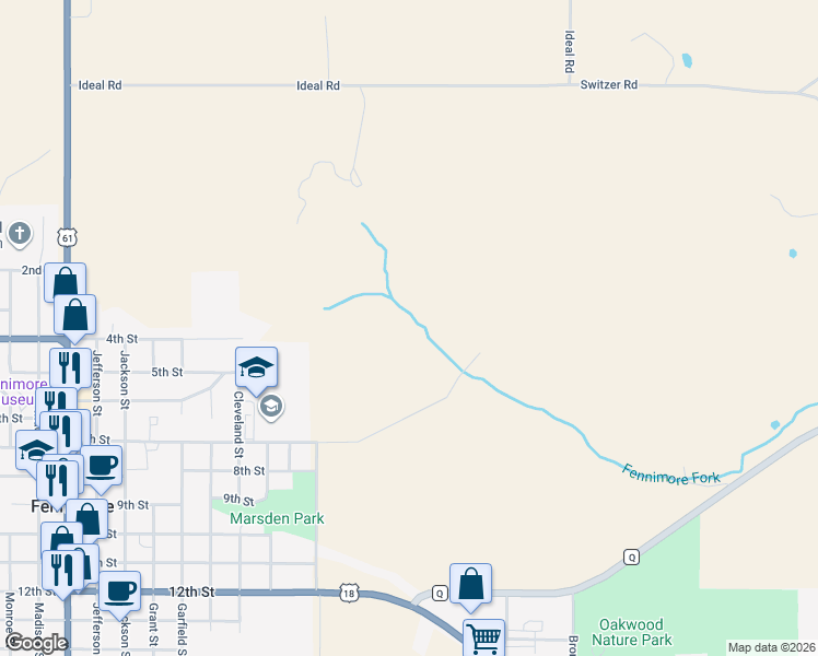 map of restaurants, bars, coffee shops, grocery stores, and more near Hahn Lane in Fennimore