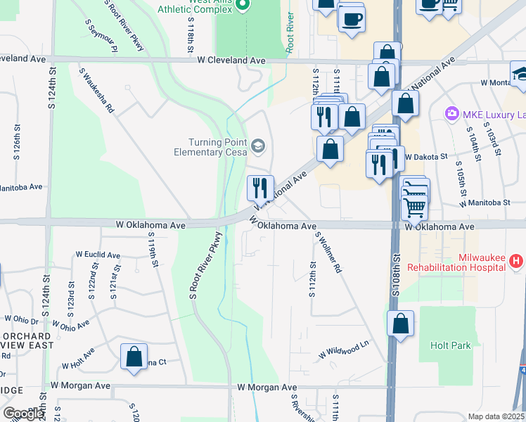 map of restaurants, bars, coffee shops, grocery stores, and more near 11505 West National Avenue in West Allis