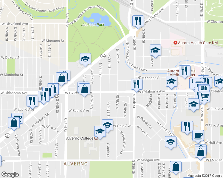 map of restaurants, bars, coffee shops, grocery stores, and more near 3726 West Oklahoma Avenue in Milwaukee