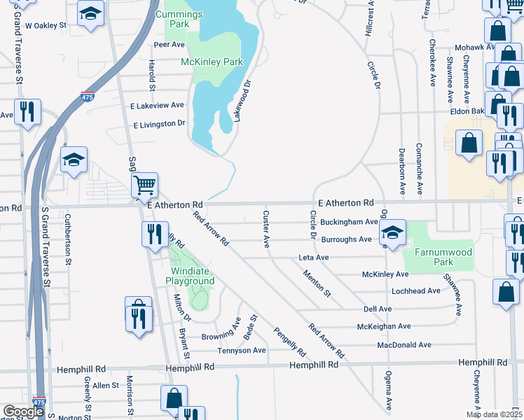 map of restaurants, bars, coffee shops, grocery stores, and more near 369 Buckingham Avenue in Flint