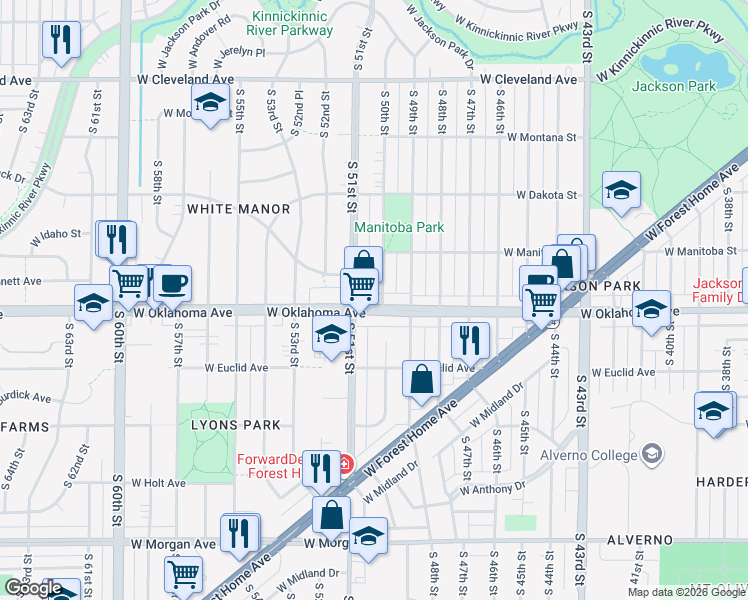 map of restaurants, bars, coffee shops, grocery stores, and more near 4930 West Oklahoma Avenue in Milwaukee