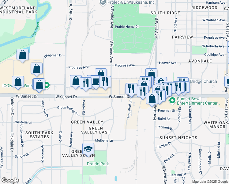 map of restaurants, bars, coffee shops, grocery stores, and more near in Waukesha County