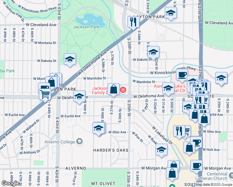 map of restaurants, bars, coffee shops, grocery stores, and more near 3626 West Oklahoma Avenue in Milwaukee