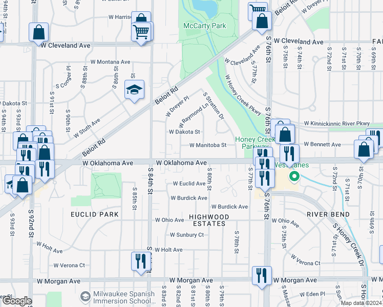 map of restaurants, bars, coffee shops, grocery stores, and more near 8102 West Oklahoma Avenue in West Allis
