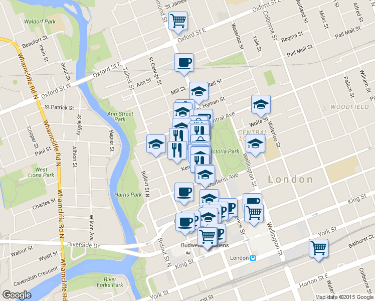 map of restaurants, bars, coffee shops, grocery stores, and more near 175 Albert Street in London