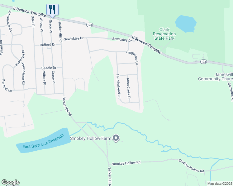 map of restaurants, bars, coffee shops, grocery stores, and more near 6129 Thunderhead Lane in Jamesville