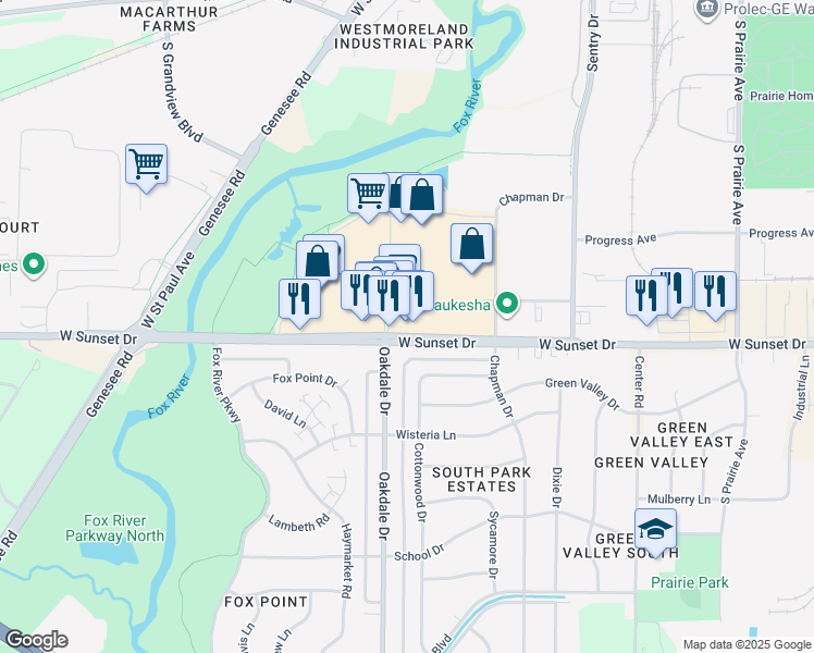 map of restaurants, bars, coffee shops, grocery stores, and more near 1190 West Sunset Drive in Waukesha