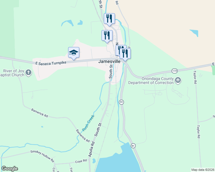 map of restaurants, bars, coffee shops, grocery stores, and more near 4485 Apulia Road in Jamesville