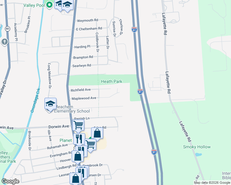 map of restaurants, bars, coffee shops, grocery stores, and more near 305 Maplewood Avenue in Syracuse