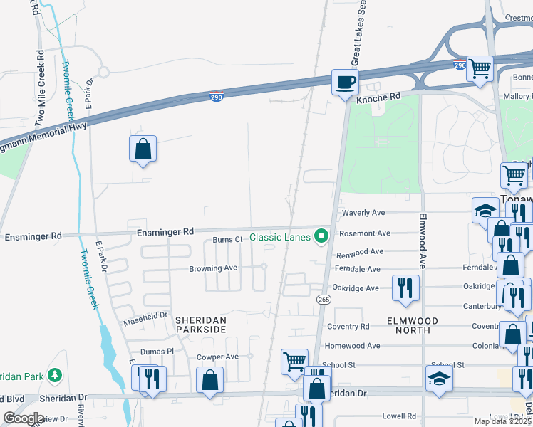 map of restaurants, bars, coffee shops, grocery stores, and more near 111 Ensminger Road in Tonawanda