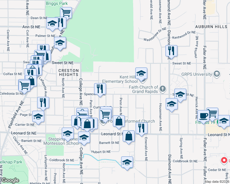 map of restaurants, bars, coffee shops, grocery stores, and more near 703 Spencer Street Northeast in Grand Rapids