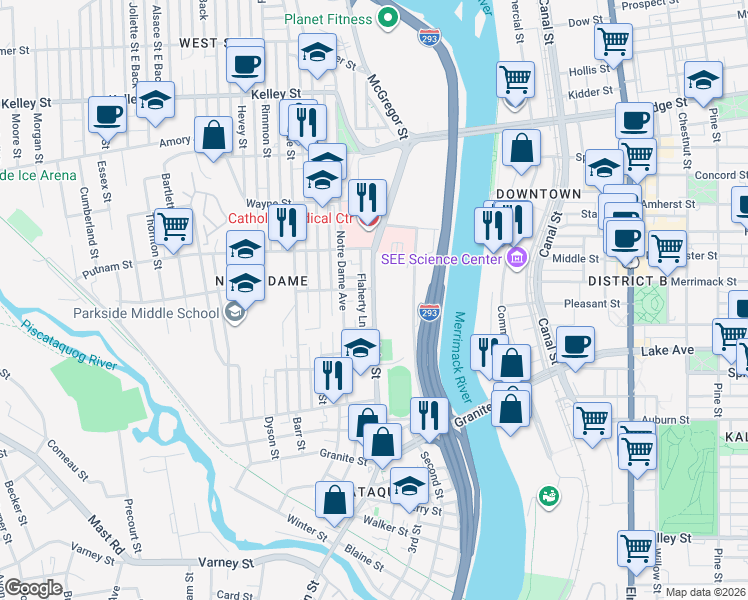 map of restaurants, bars, coffee shops, grocery stores, and more near 298 Main Street in Manchester