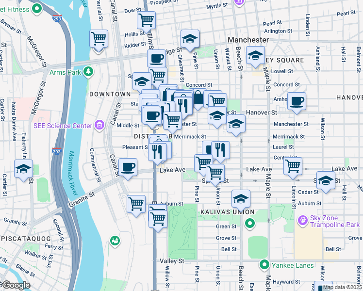 map of restaurants, bars, coffee shops, grocery stores, and more near 300 Chestnut Street in Manchester
