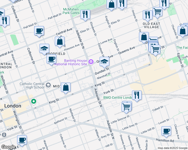 map of restaurants, bars, coffee shops, grocery stores, and more near 1905 Dundas Street in London