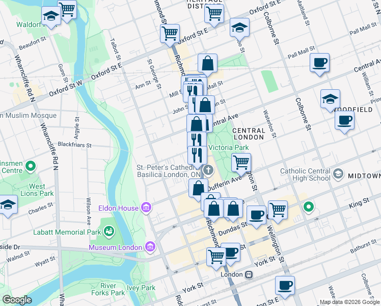 map of restaurants, bars, coffee shops, grocery stores, and more near 175 Albert Street in London