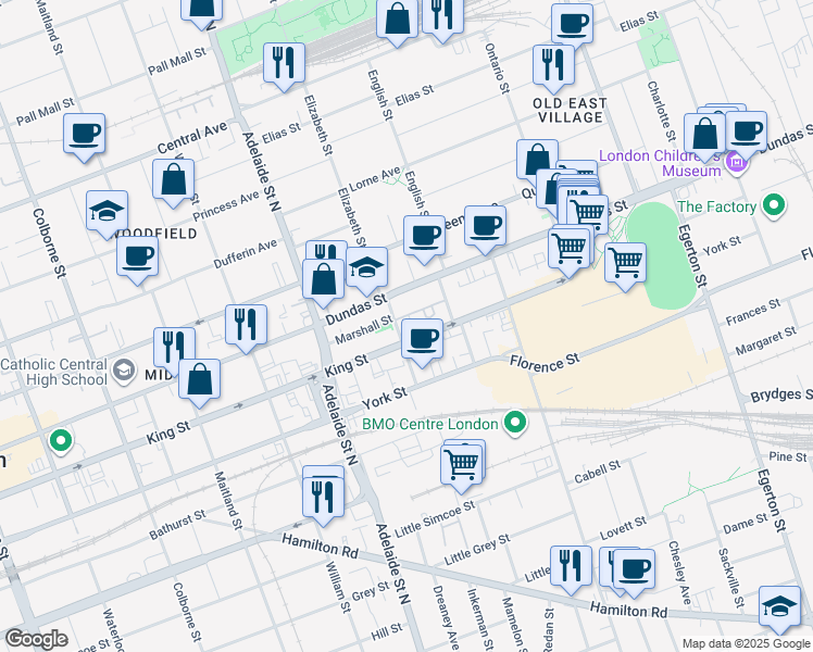 map of restaurants, bars, coffee shops, grocery stores, and more near 400 Lyle Street in London
