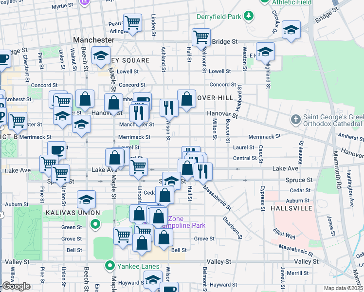 map of restaurants, bars, coffee shops, grocery stores, and more near 335 Laurel Street in Manchester