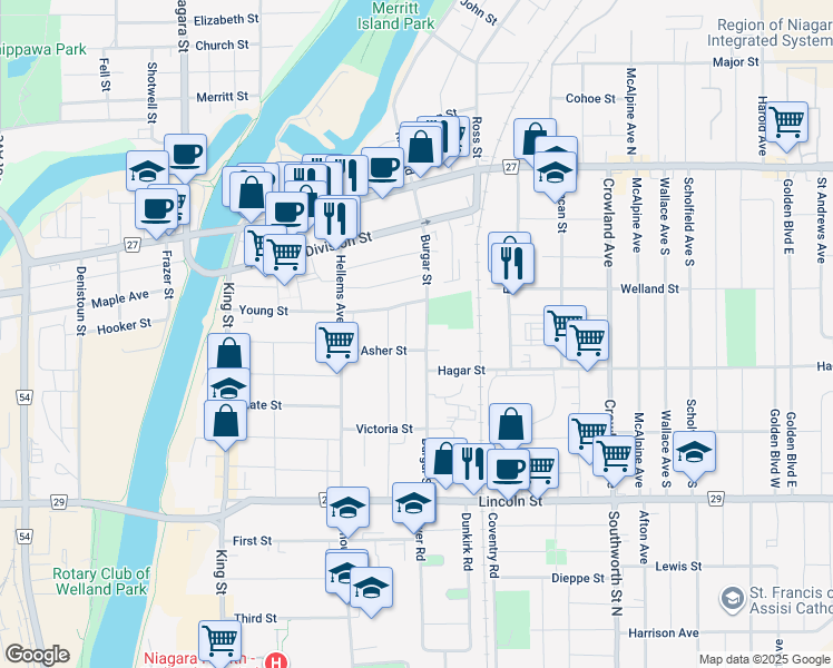 map of restaurants, bars, coffee shops, grocery stores, and more near 157 Burgar Street in Welland