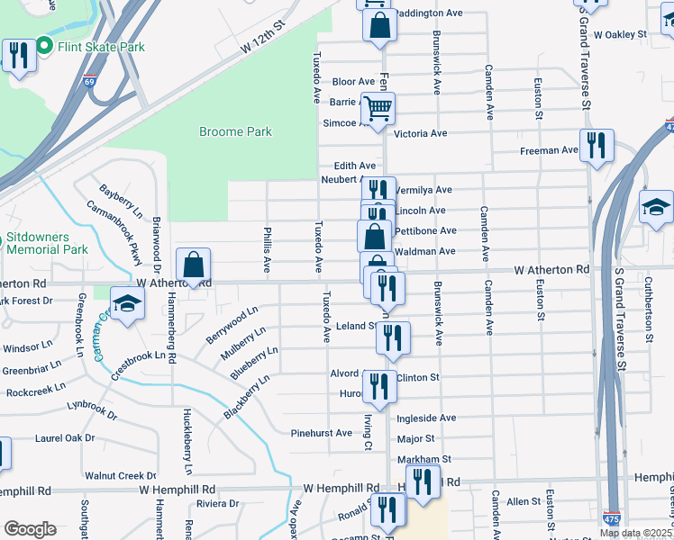 map of restaurants, bars, coffee shops, grocery stores, and more near 1122 West Atherton Road in Flint