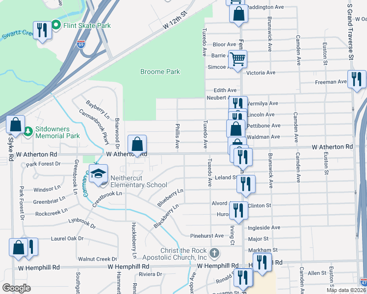 map of restaurants, bars, coffee shops, grocery stores, and more near 1330 West Atherton Road in Flint