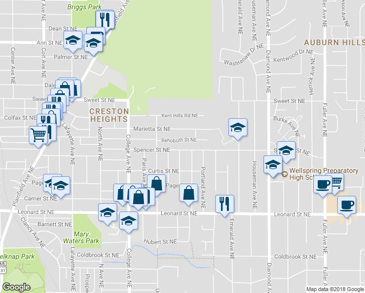 map of restaurants, bars, coffee shops, grocery stores, and more near 1375 Ashland Avenue Northeast in Grand Rapids