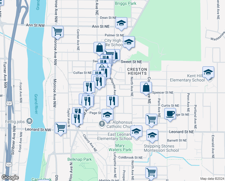 map of restaurants, bars, coffee shops, grocery stores, and more near 1400 Lafayette Avenue Northeast in Grand Rapids