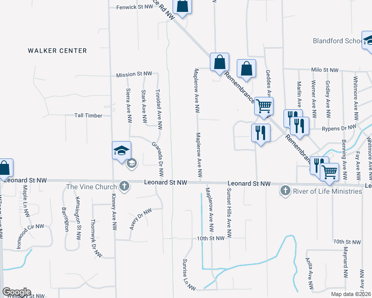 map of restaurants, bars, coffee shops, grocery stores, and more near 1229 Maplerow Avenue Northwest in Grand Rapids