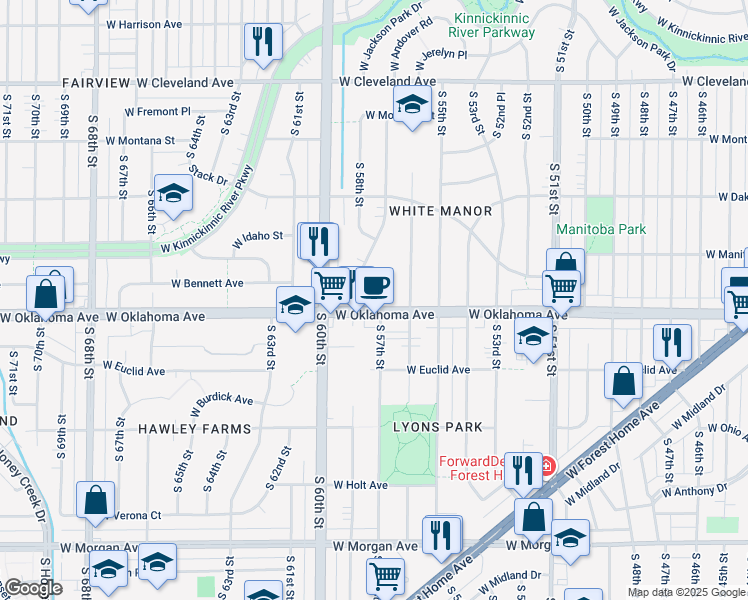 map of restaurants, bars, coffee shops, grocery stores, and more near 5702 West Oklahoma Avenue in Milwaukee