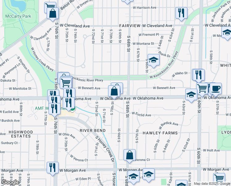 map of restaurants, bars, coffee shops, grocery stores, and more near 6836 West Oklahoma Avenue in Milwaukee