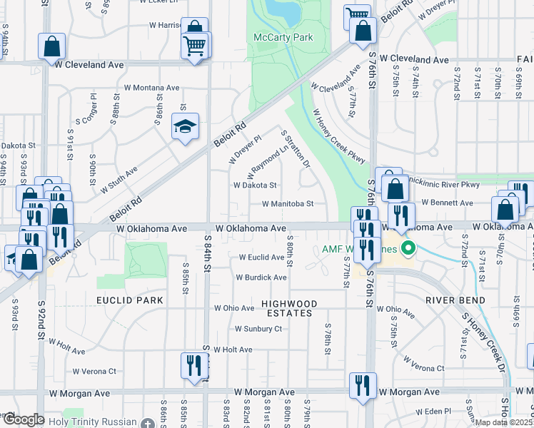 map of restaurants, bars, coffee shops, grocery stores, and more near 8102 West Oklahoma Avenue in West Allis