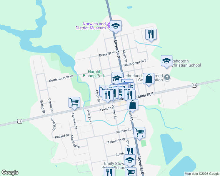 map of restaurants, bars, coffee shops, grocery stores, and more near 14 Elgin Street West in Norwich