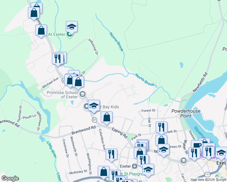 map of restaurants, bars, coffee shops, grocery stores, and more near 5 Brookside Drive in Exeter
