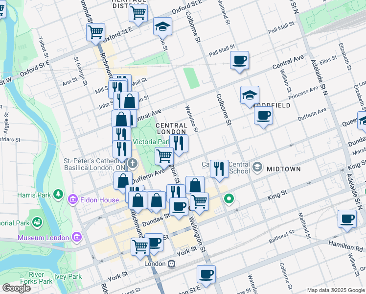 map of restaurants, bars, coffee shops, grocery stores, and more near 520 Wellington Street in London