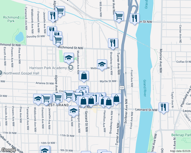 map of restaurants, bars, coffee shops, grocery stores, and more near 1409 Quarry Avenue Northwest in Grand Rapids