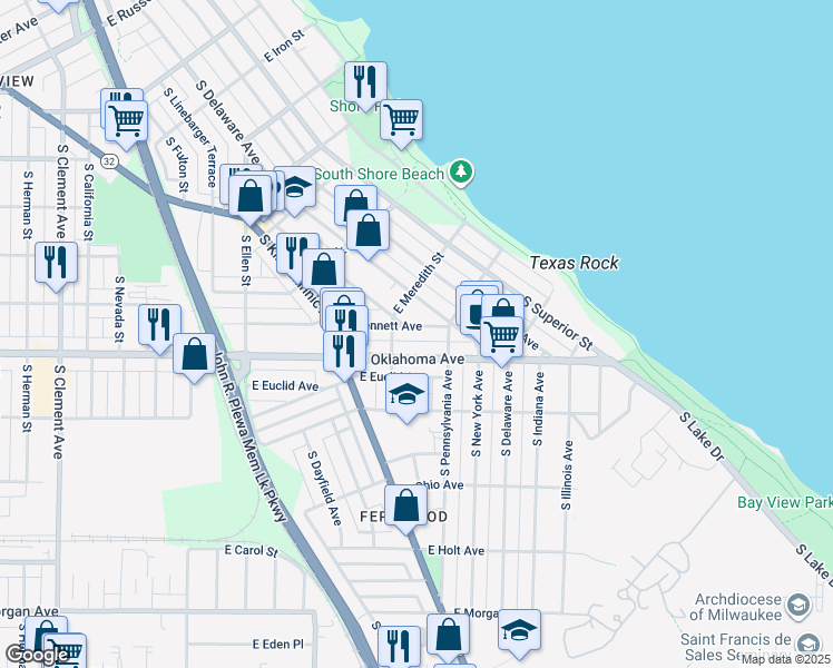 map of restaurants, bars, coffee shops, grocery stores, and more near 2334 East Oklahoma Avenue in Milwaukee