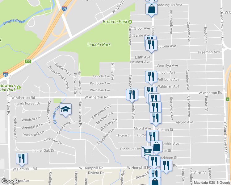 map of restaurants, bars, coffee shops, grocery stores, and more near 1325 Waldman Avenue in Flint