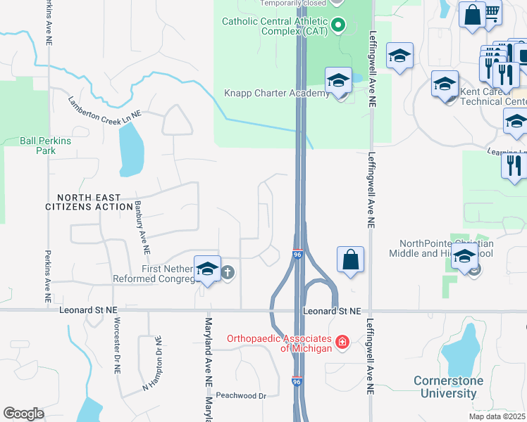 map of restaurants, bars, coffee shops, grocery stores, and more near 1434 Beckwith View Avenue Northeast in Grand Rapids