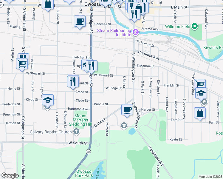 map of restaurants, bars, coffee shops, grocery stores, and more near 305 West Ridge Street in Owosso